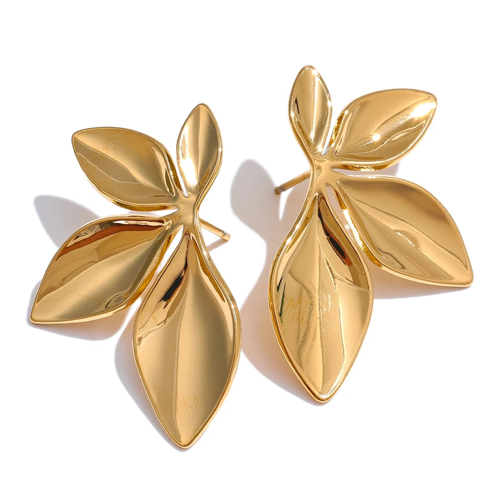 Gold Plated Stainless Steel Leaf Flower Stud Earrings – Waterproof & Hypoallergenic Jewelry for Women