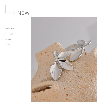 Gold Plated Stainless Steel Leaf Flower Stud Earrings – Waterproof & Hypoallergenic Jewelry for Women