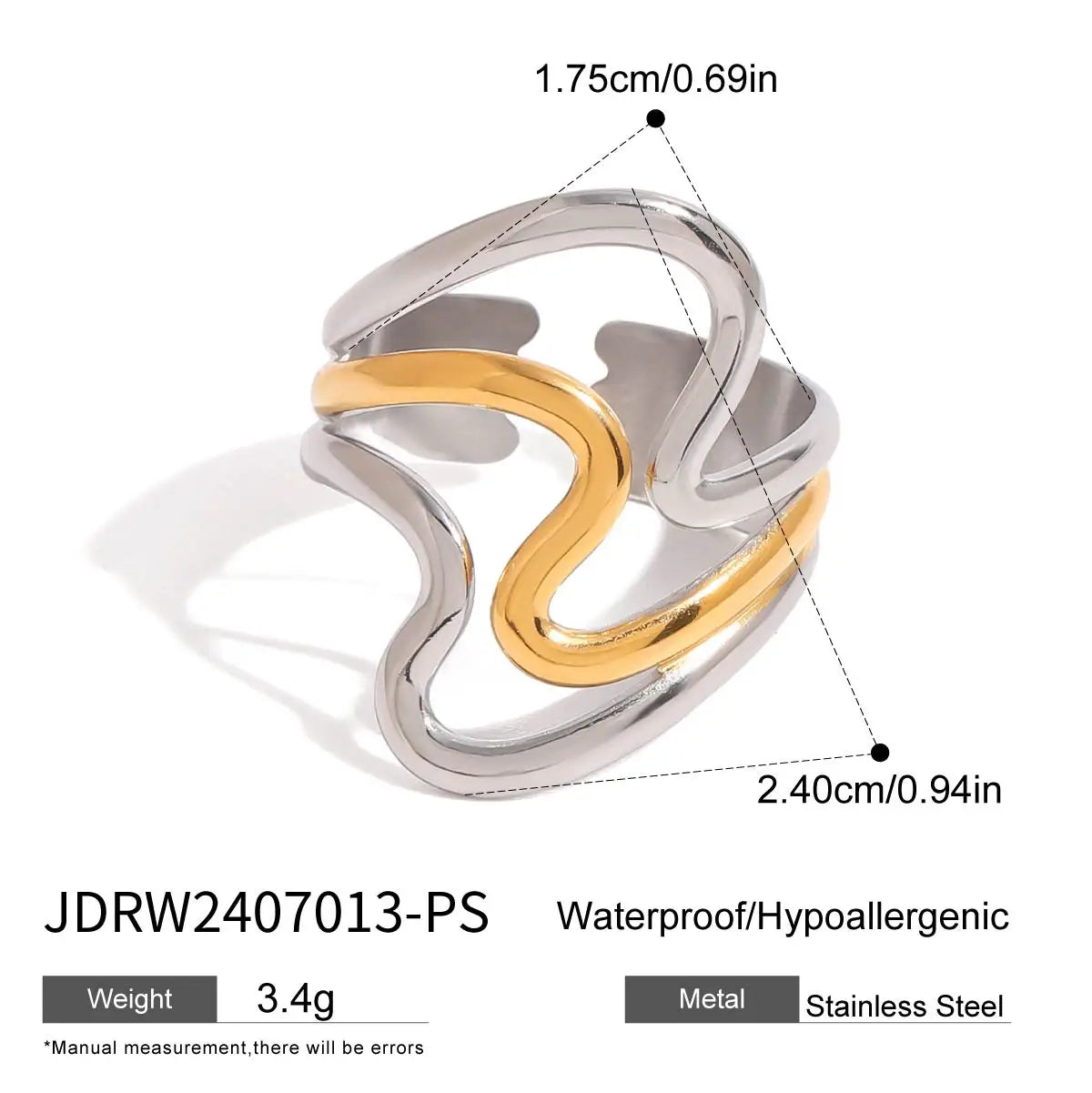 Bague minimaliste bicolore irrégulière – Bijou empilable en acier inoxydable plaqué or 18 carats pour femme