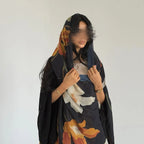 Abaya Elariah Femme Ouverte à Imprimé Floral avec Voile Assorti – Cardigan Maxi Modeste Kaftan, Polyester Noir