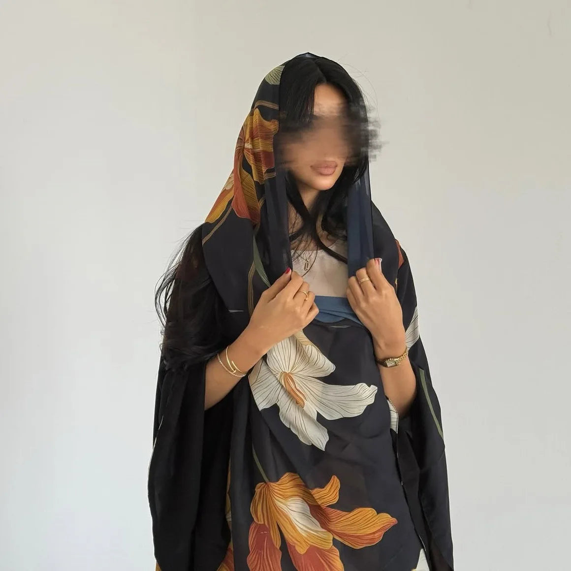 Abaya Elariah Femme Ouverte à Imprimé Floral avec Voile Assorti – Cardigan Maxi Modeste Kaftan, Polyester Noir
