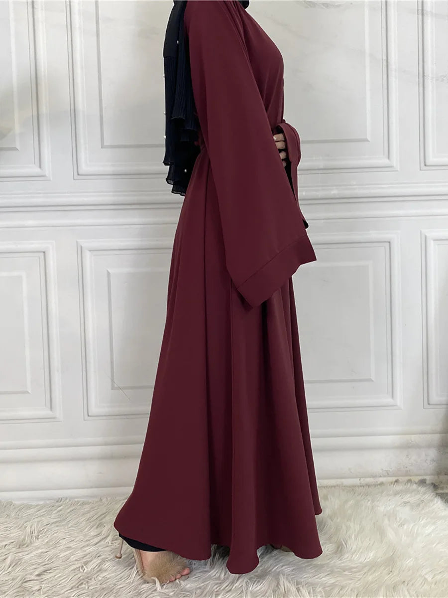 Elegant Modest Maxi Dress with Waist Tie – Long Sleeve Woven Abaya Style Dress for Women (All Season)