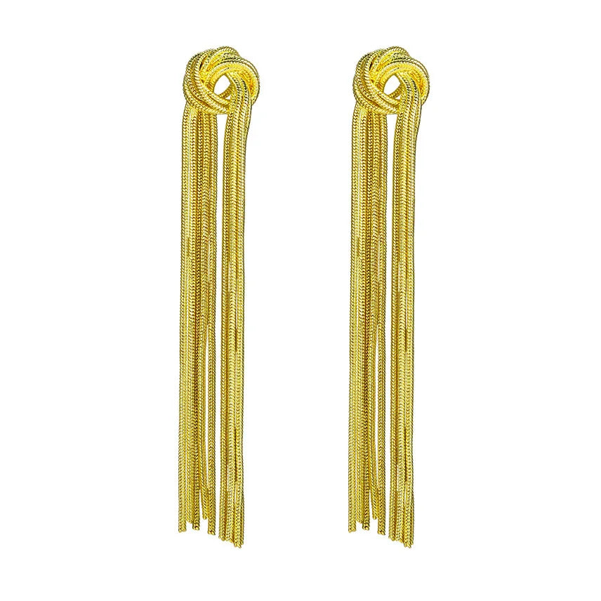 Pendientes llamativos con borlas doradas y brillantes: elegante diseño largo para mujer