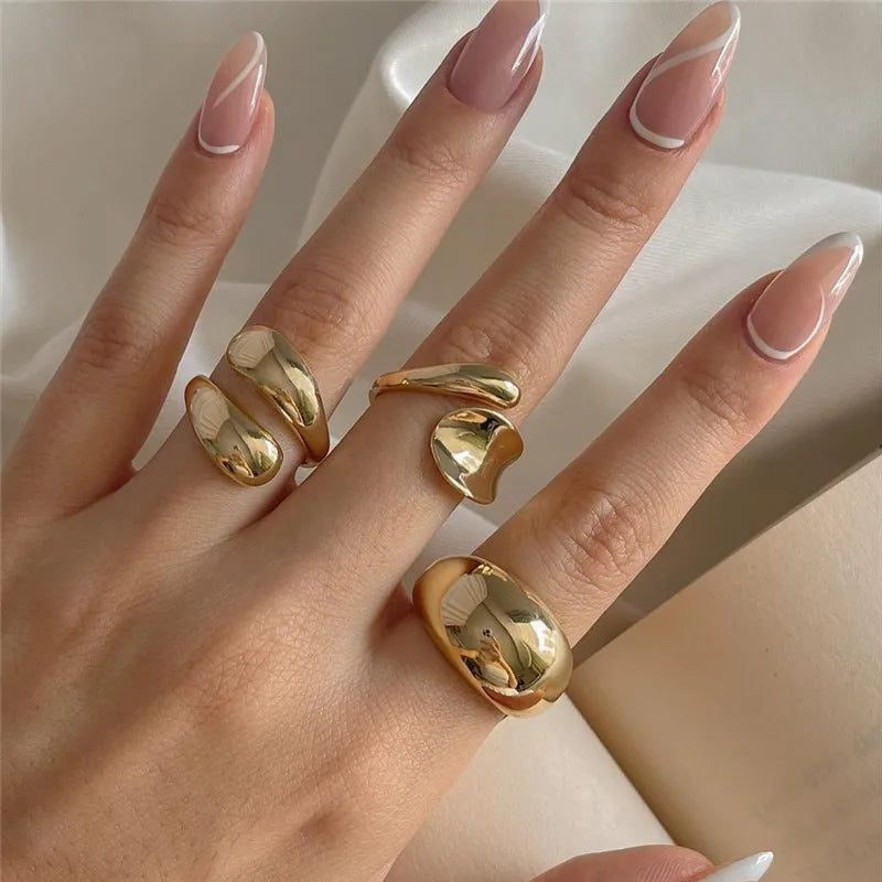 Ensemble de 3 bagues ouvertes géométriques plaquées or – Bagues tendance, épaisses et irrégulières pour femmes