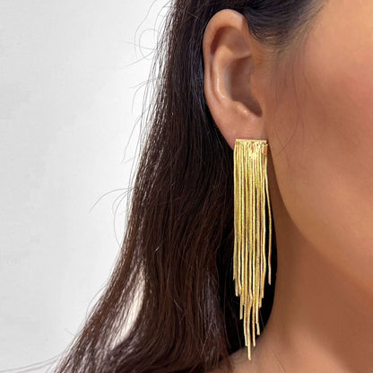 Gold Bling Tassel Statement Earrings – Elegant Long Drop Design for Women