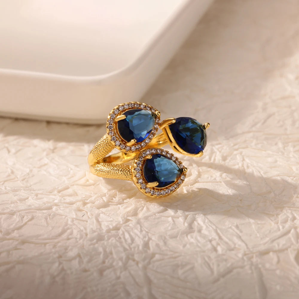 Luxury Gold-Plated Heart Ring with Colorful Zircon Stones – Adjustable Stainless Steel Cocktail Ring for Women