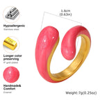 Chunky Enamel Twist Ring for Women – Gold Plated Stainless Steel Open Crossover Statement Ring, Waterproof Stackable Band (Blue/Green/Pink)