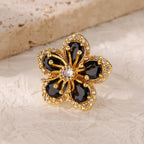 Bague cœur plaquée or de luxe avec zircones colorées – Bague cocktail ajustable en acier inoxydable pour femme