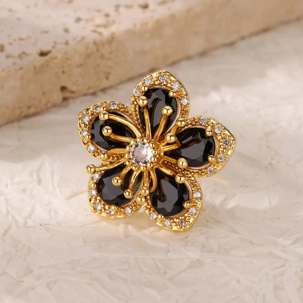 Bague cœur plaquée or de luxe avec zircones colorées – Bague cocktail ajustable en acier inoxydable pour femme