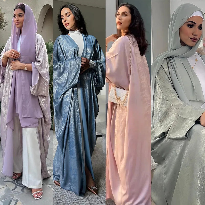 Luxury Satin Batwing Abaya Kimono – Shiny Open Front Maxi Kaftan for Ramadan, Eid & Evening Wear