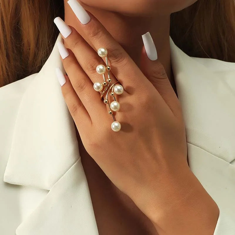 Bague géométrique vintage à double couche en perles blanches – Bague imposante pour femme