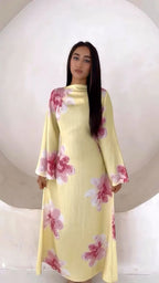 Elariah Floral Print Modest Kaftan Abaya Dress – Long Sleeve Maxi Jalabiya for Eid, Ramadan & Special Occasions