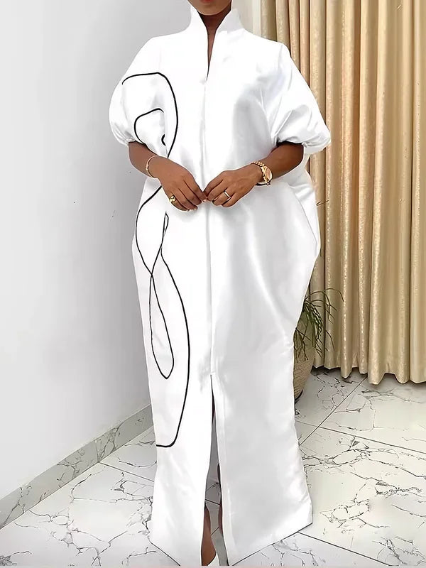 Plus Size White Printed Abaya Dress – Oversized Modest Maxi Dress with Puff Sleeves, Elegant Spring Summer Islamic Wear