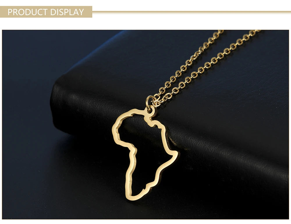 Collar con colgante de mapa africano de moda para mujer – Collar geométrico de acero inoxidable con la bandera de África, color oro, oro rosa o acero