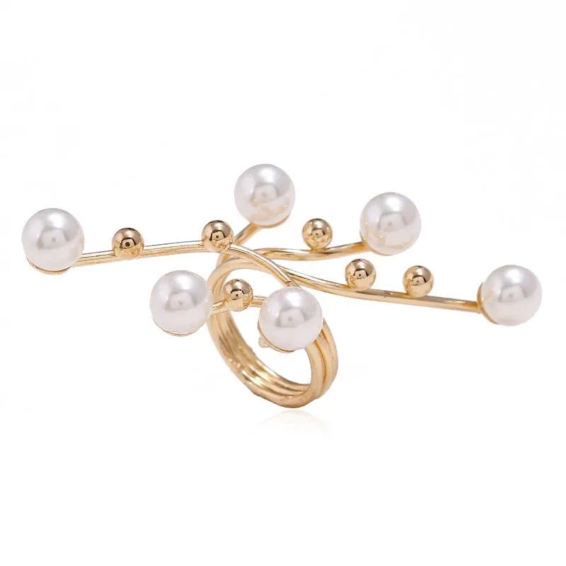 Anillo geométrico vintage de doble capa con perla blanca: un anillo llamativo y robusto para mujer.