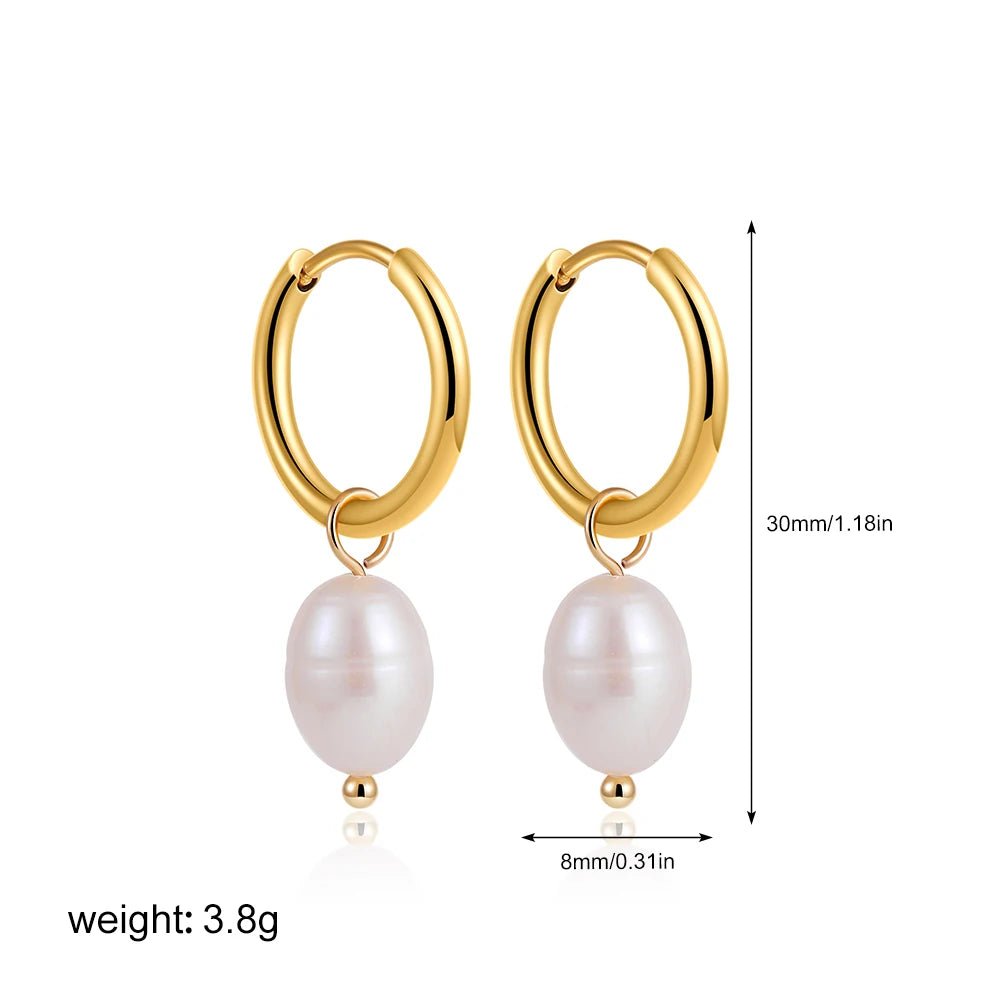 2-Pair Set Vintage Pearl Dangle Hoop Earrings – 18K Gold Plated Stainless Steel Hoops for Women