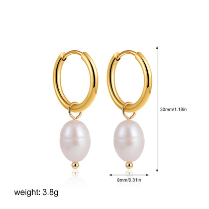 2-Pair Set Vintage Pearl Dangle Hoop Earrings – 18K Gold Plated Stainless Steel Hoops for Women