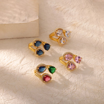 Luxury Gold-Plated Heart Ring with Colorful Zircon Stones – Adjustable Stainless Steel Cocktail Ring for Women