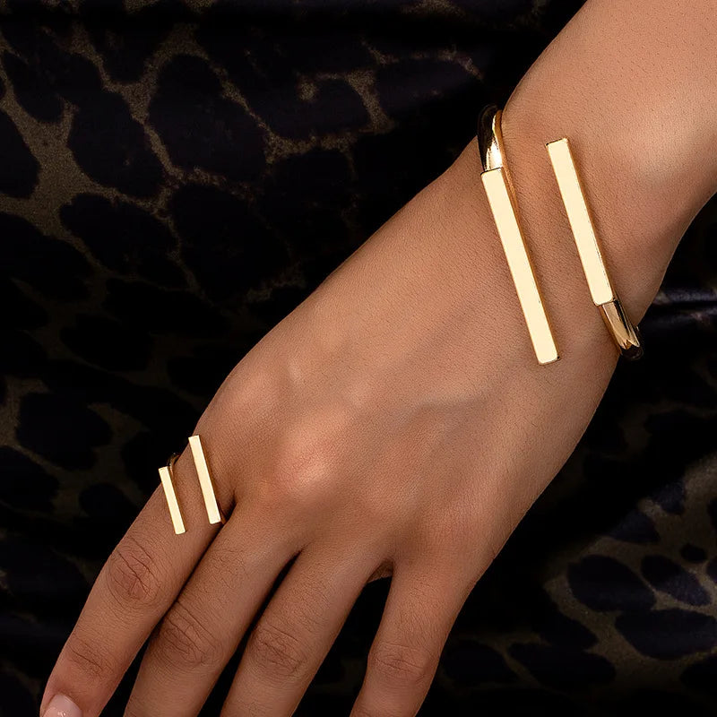 Ensemble bracelet et bague géométriques ouverts pour femme – Bracelet jonc minimaliste en acier inoxydable et bague ajustable