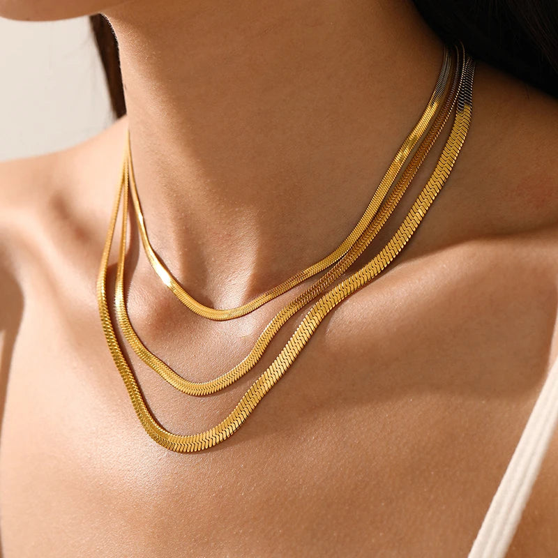 Classic Flat Snake Chain Choker Necklace – Stainless Steel Herringbone Design in Gold & Silver