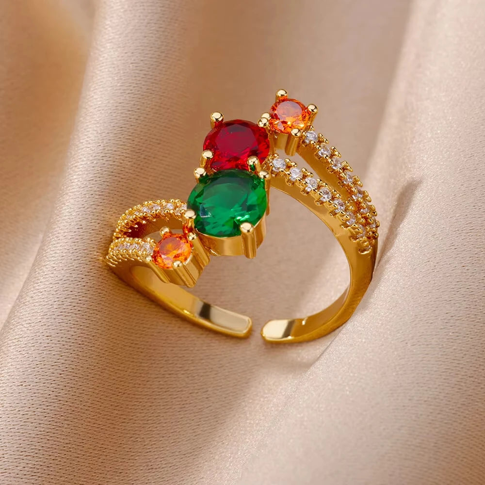 Luxury Gold-Plated Heart Ring with Colorful Zircon Stones – Adjustable Stainless Steel Cocktail Ring for Women
