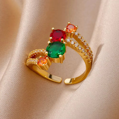 Luxury Gold-Plated Heart Ring with Colorful Zircon Stones – Adjustable Stainless Steel Cocktail Ring for Women