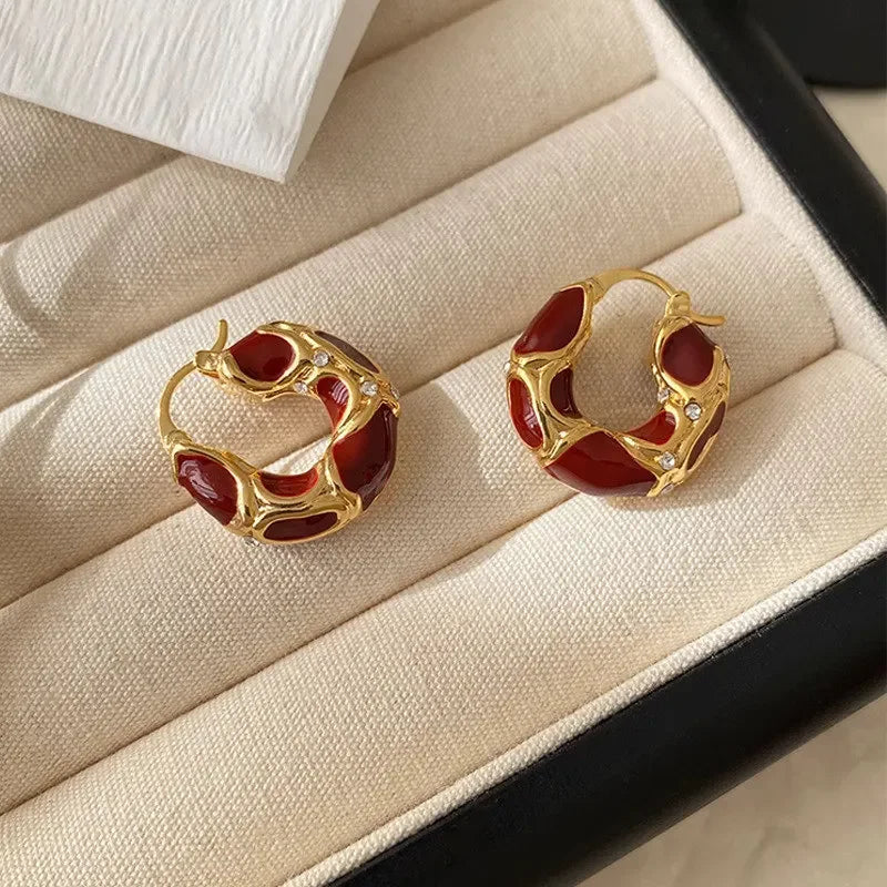Pendientes de aro pequeños de esmalte vintage: aros texturizados chapados en oro para mujer
