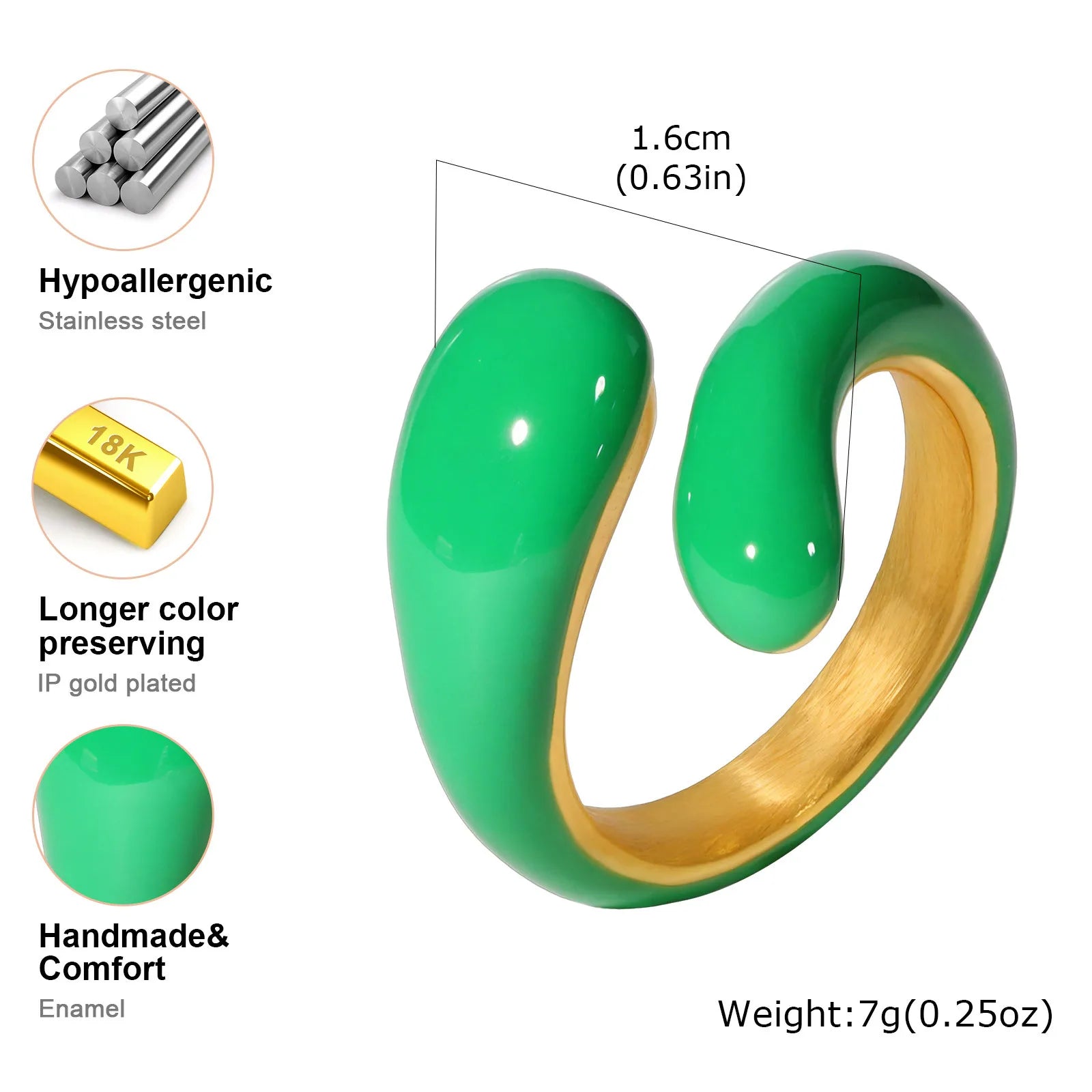 Bague torsadée épaisse en émail pour femme – Bague croisée ouverte en acier inoxydable plaqué or, anneau empilable étanche (bleu/vert/rose)