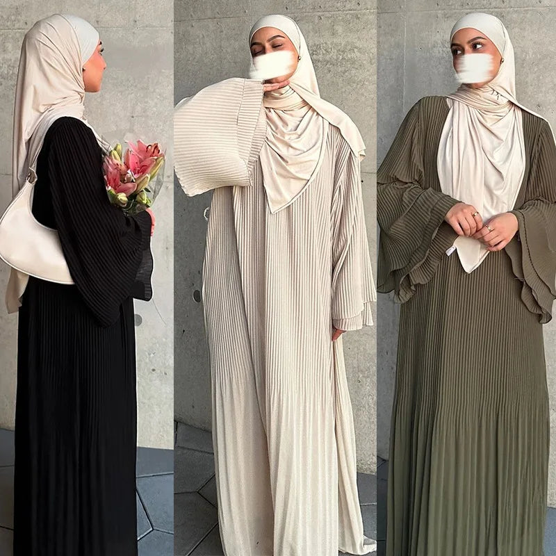 Elegant Pleated Kaftan Abaya Dress for Women – Flare Sleeve Jalabiya | Modest Eid & Occasion Wear