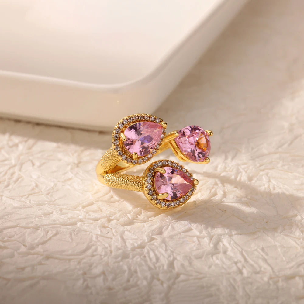 Bague cœur plaquée or de luxe avec zircones colorées – Bague cocktail ajustable en acier inoxydable pour femme