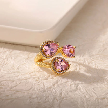 Luxury Gold-Plated Heart Ring with Colorful Zircon Stones – Adjustable Stainless Steel Cocktail Ring for Women