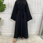 Elegant Modest Maxi Dress with Waist Tie – Long Sleeve Woven Abaya Style Dress for Women (All Season)