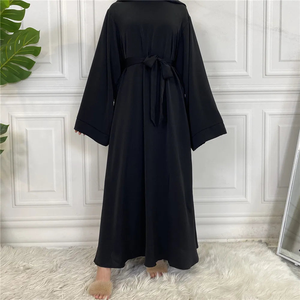 Elegant Modest Maxi Dress with Waist Tie – Long Sleeve Woven Abaya Style Dress for Women (All Season)
