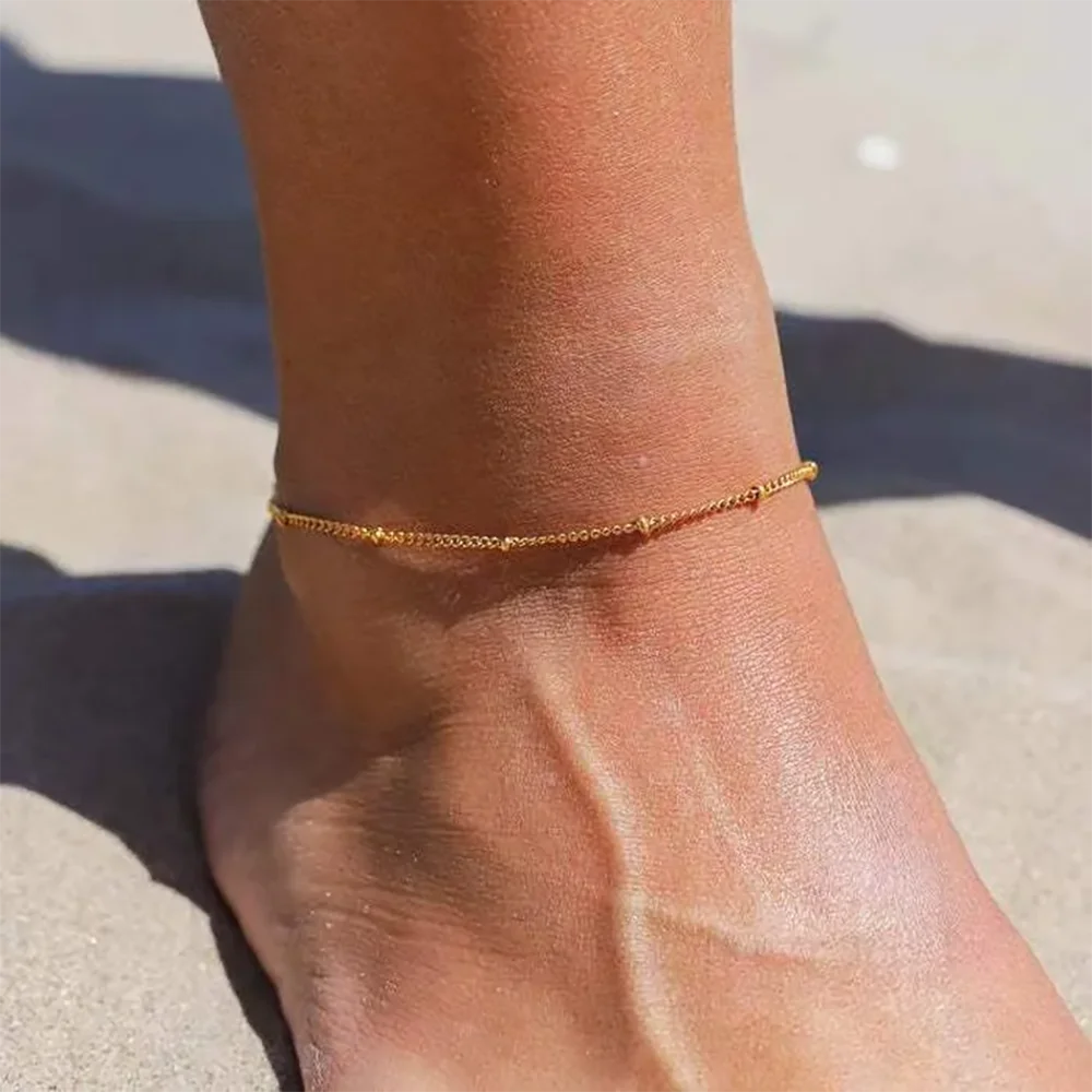 Bracelet de cheville minimaliste en perles d'acier inoxydable pour femme – Chaîne ajustable dorée, argentée et or rose