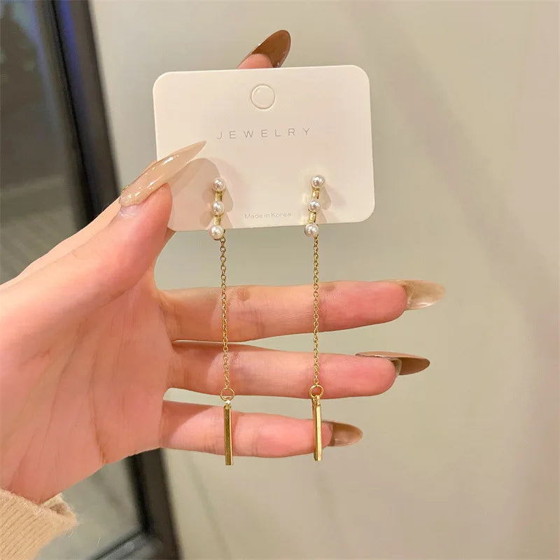 Elegant Pearl Long Tassel Drop Earrings – Fashion Metal Chain Jewelry for Women