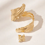 Ensemble bracelet et bague ajustable vintage en feuille d'or pour femme – Design feuille plissée, élégant ensemble de bijoux dorés