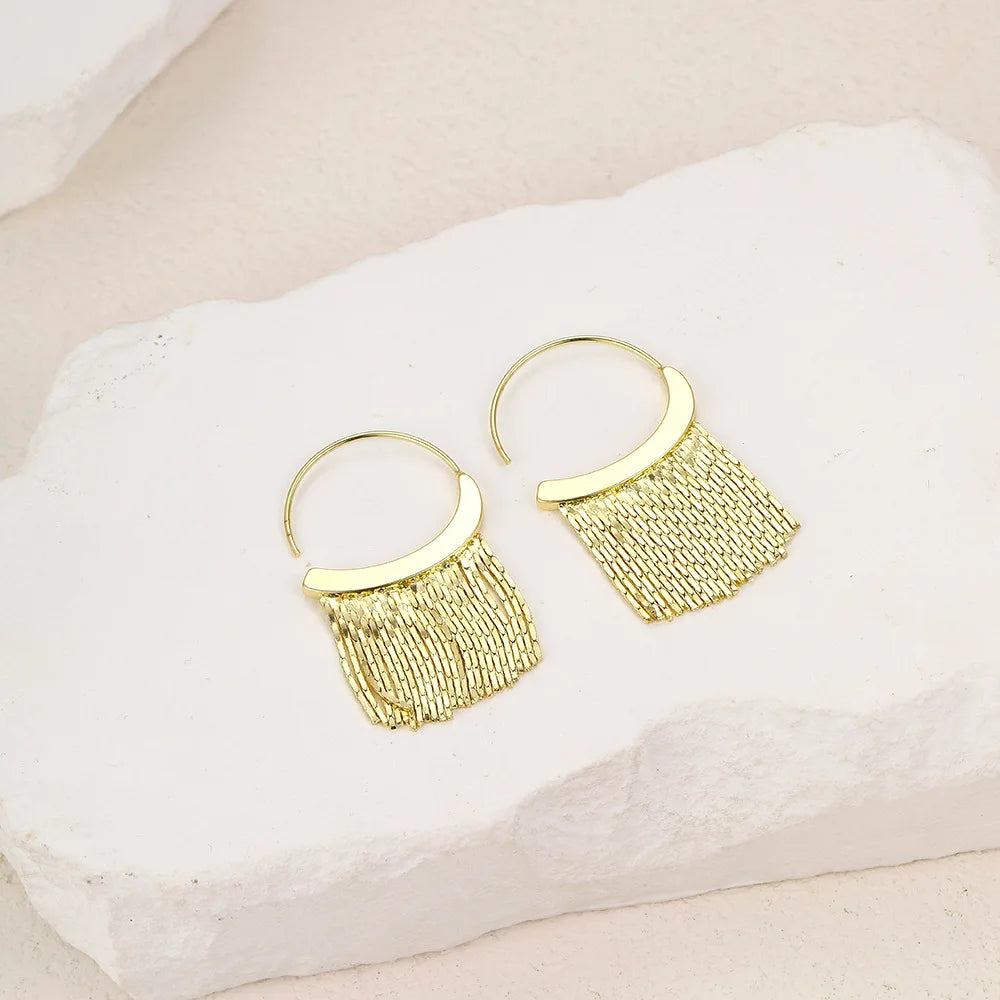 Gold Bling Tassel Statement Earrings – Elegant Long Drop Design for Women