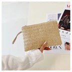 Elariah Woven Straw Wristlet Clutch Bag – Bohemian Summer Beach Handbag with Zipper (White, Khaki, Beige)