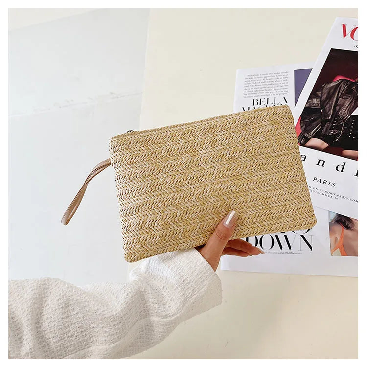 Elariah Woven Straw Wristlet Clutch Bag – Bohemian Summer Beach Handbag with Zipper (White, Khaki, Beige)