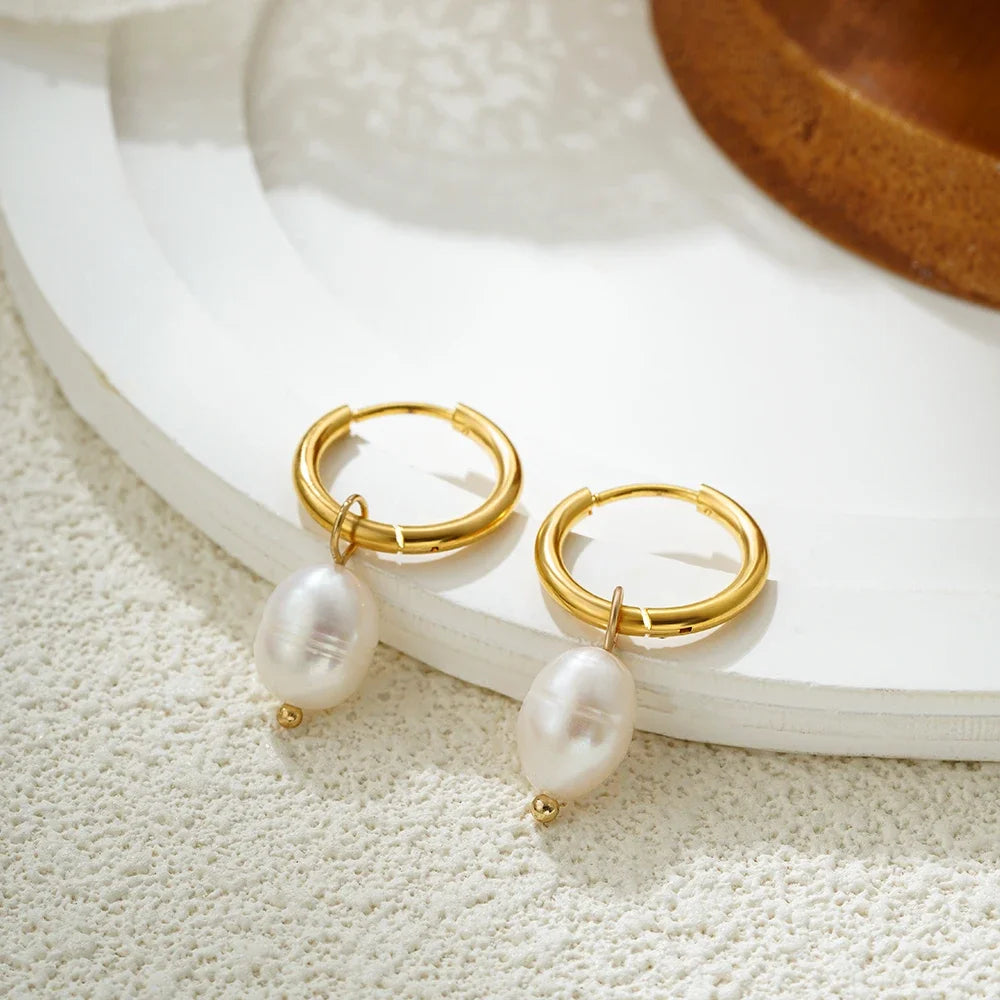 2-Pair Set Vintage Pearl Dangle Hoop Earrings – 18K Gold Plated Stainless Steel Hoops for Women