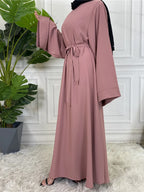 Elegant Modest Maxi Dress with Waist Tie – Long Sleeve Woven Abaya Style Dress for Women (All Season)