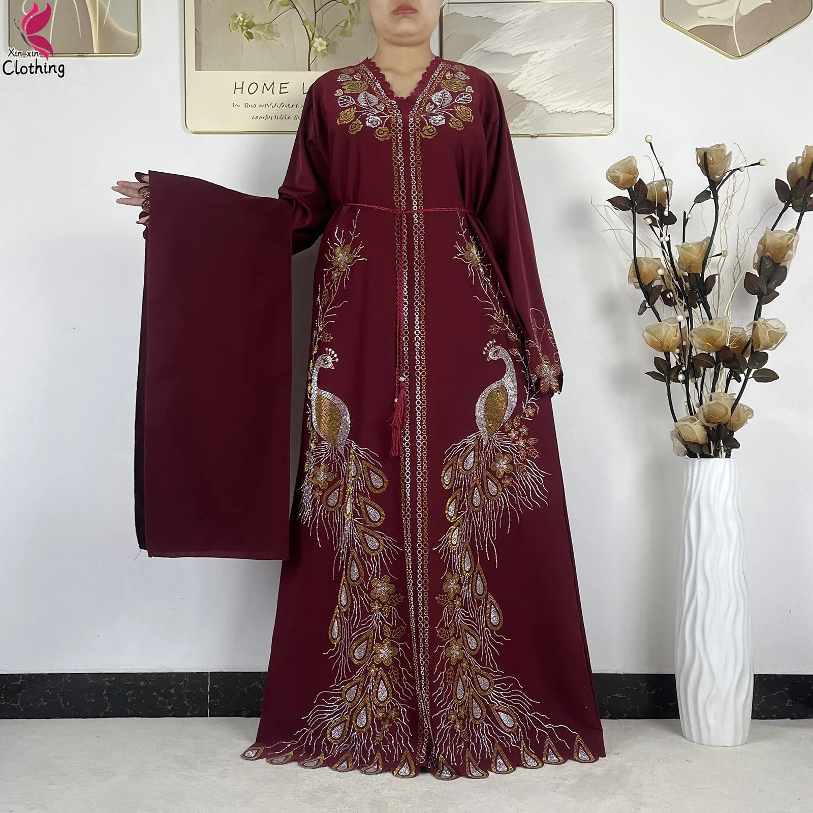 Elariah Diamond Chiffon Modest Abaya Dress – Elegant Long Sleeve Islamic Maxi Robe