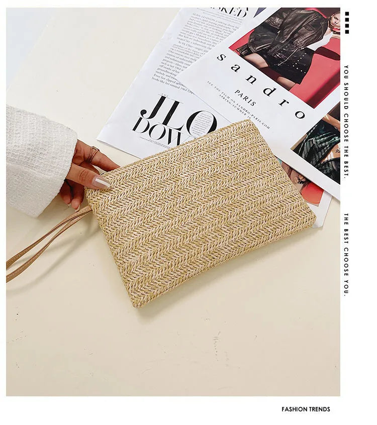 Elariah Woven Straw Wristlet Clutch Bag – Bohemian Summer Beach Handbag with Zipper (White, Khaki, Beige)