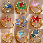 Bague cœur plaquée or de luxe avec zircones colorées – Bague cocktail ajustable en acier inoxydable pour femme