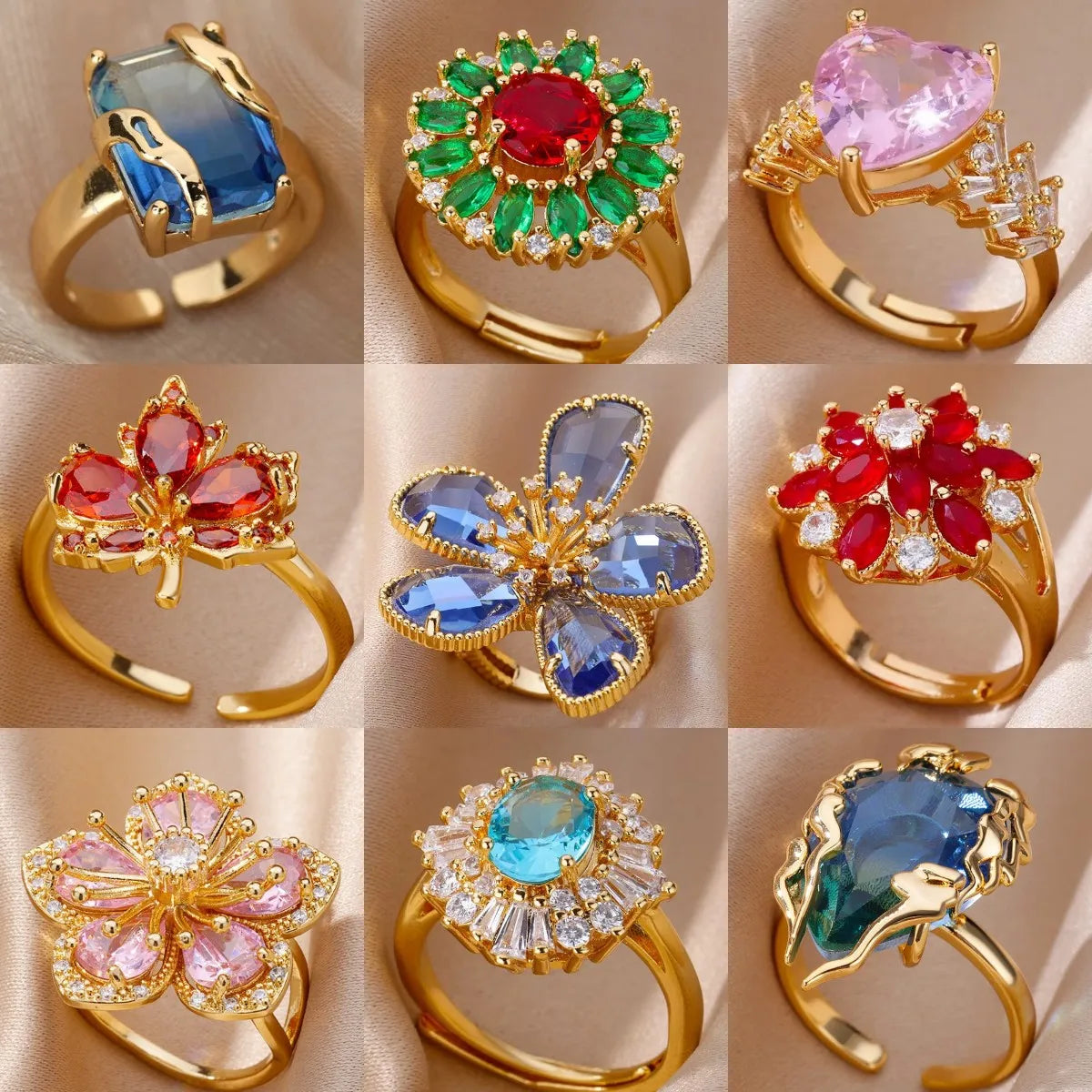 Bague cœur plaquée or de luxe avec zircones colorées – Bague cocktail ajustable en acier inoxydable pour femme
