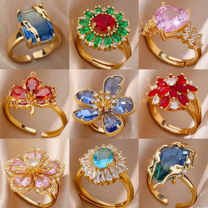 Luxury Gold-Plated Heart Ring with Colorful Zircon Stones – Adjustable Stainless Steel Cocktail Ring for Women