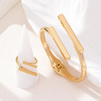 Geometric Open Bracelet & Ring Set for Women – Minimalist Stainless Steel Cuff Bangle and Adjustable Ring Jewelry Set