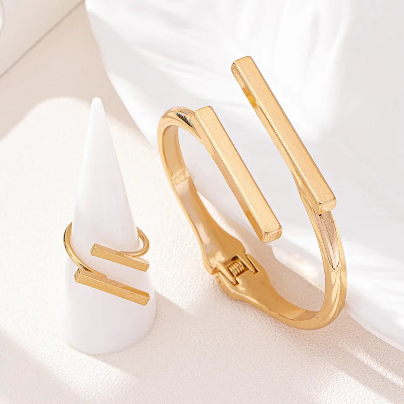 Ensemble bracelet et bague géométriques ouverts pour femme – Bracelet jonc minimaliste en acier inoxydable et bague ajustable