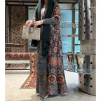 Elariah Retro Printed Pleated Abaya Coat – Belted Chiffon Maxi Modest Windbreaker Jacket for Women (One Size)