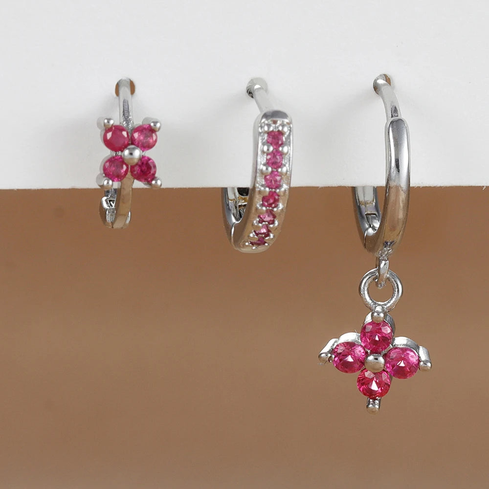 Ensemble de 3 boucles d'oreilles pendantes en acier inoxydable avec zircon cubique – Boucles d'oreilles florales hypoallergéniques pour femmes